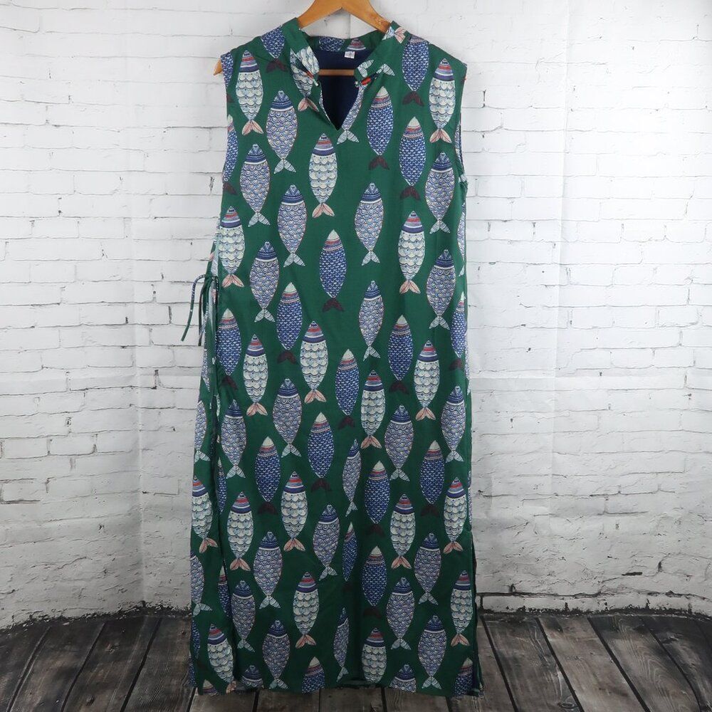 3 FAT MEN GREEN WITH FISH PRINT SLEEVELESS BEACH SUMMER COVER UP SIZE LARGE